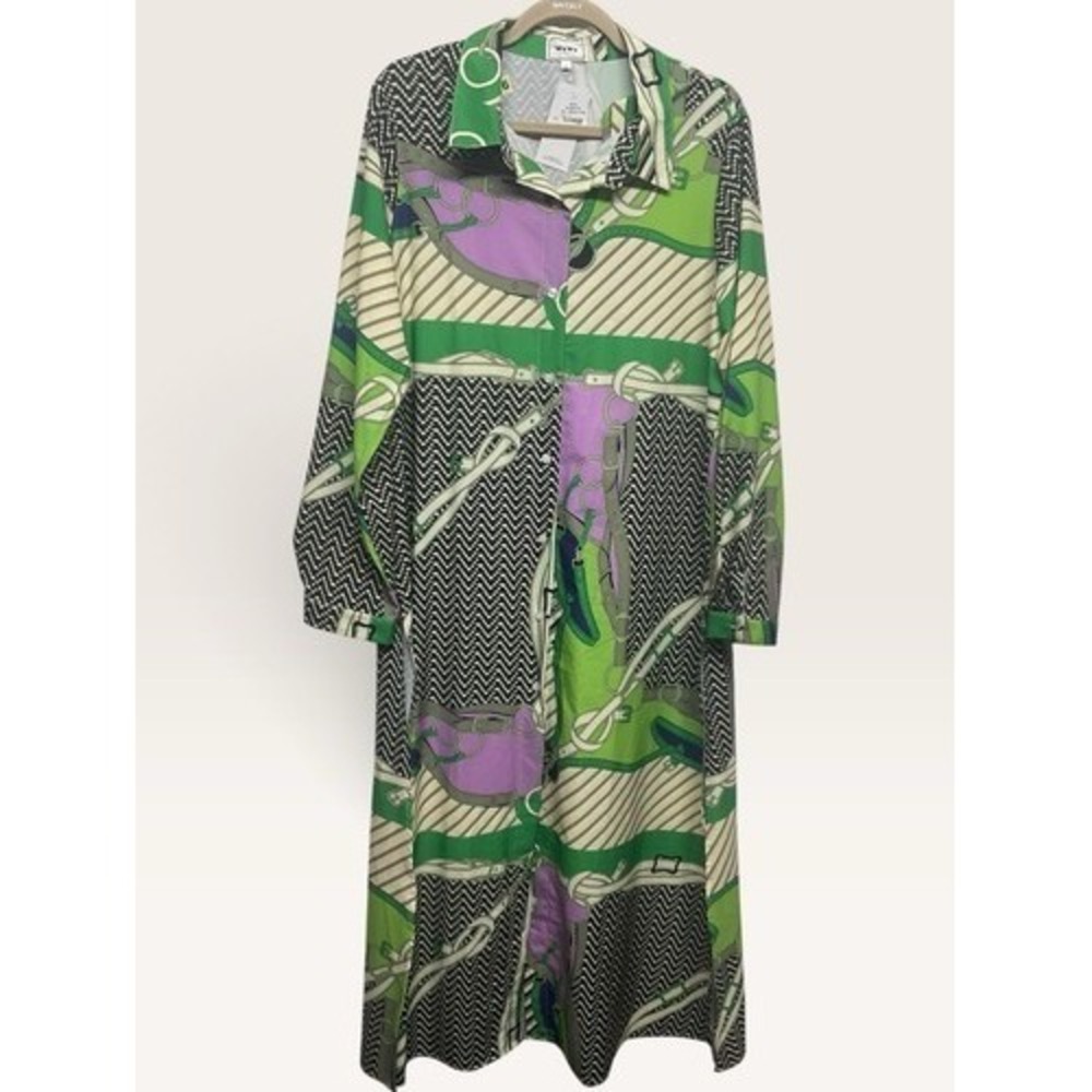 NWT Wo Wo Green Chain Scarf Equestrian Style Belted Maxi Shirt Dress Women 1XL